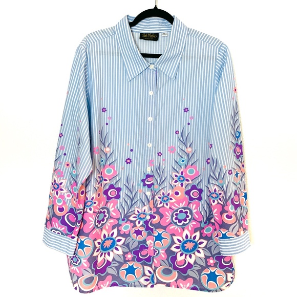 Bob Mackie Tops - Bob Mackie Floral Striped Button Up Shirt 2X Wearable Art Cottage Core BloomCore